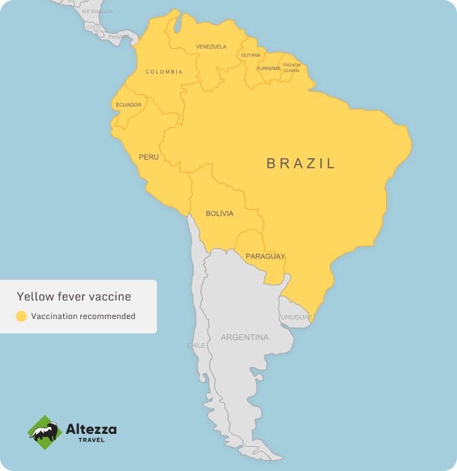 Areas of yellow fever in South America