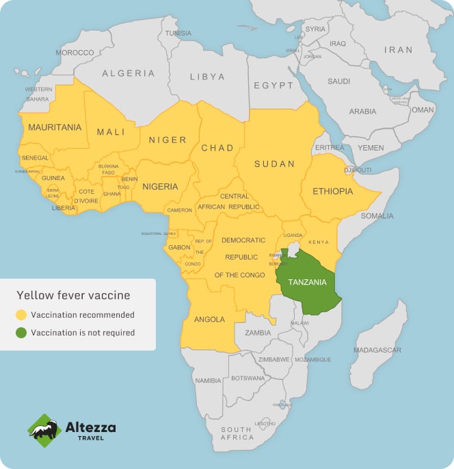  West and Central Africa - these regions account for most of the disease cases. A part of East Africa, including the whole of Tanzania, is out of the risk zone, and the generally does not recommend vaccination to those who travel there.