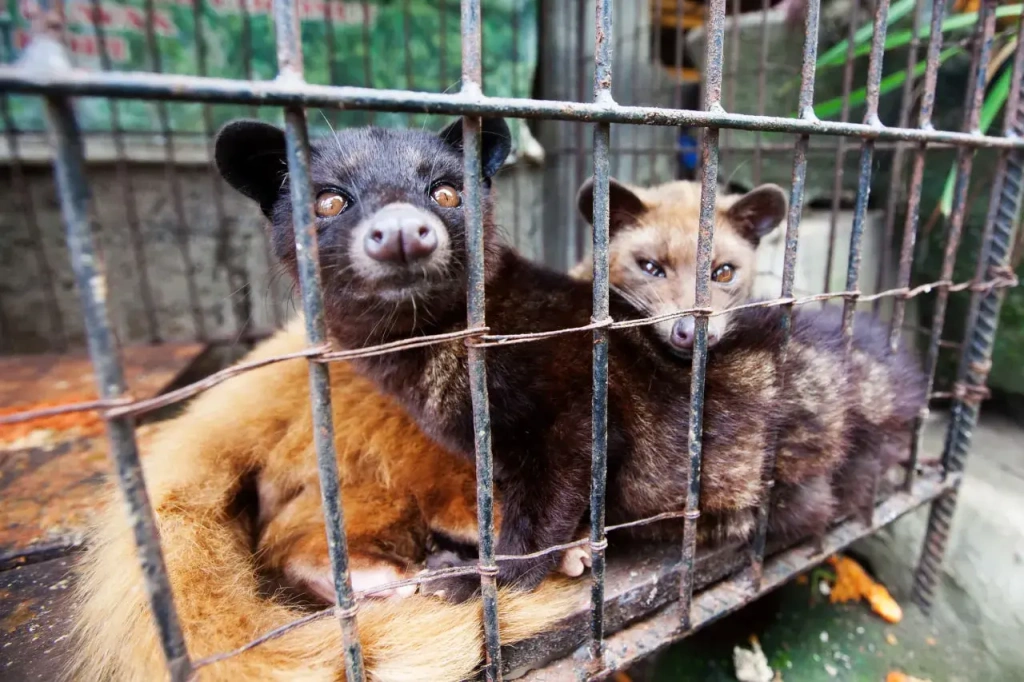 Two caged civets in a dirty and cramped metal cage