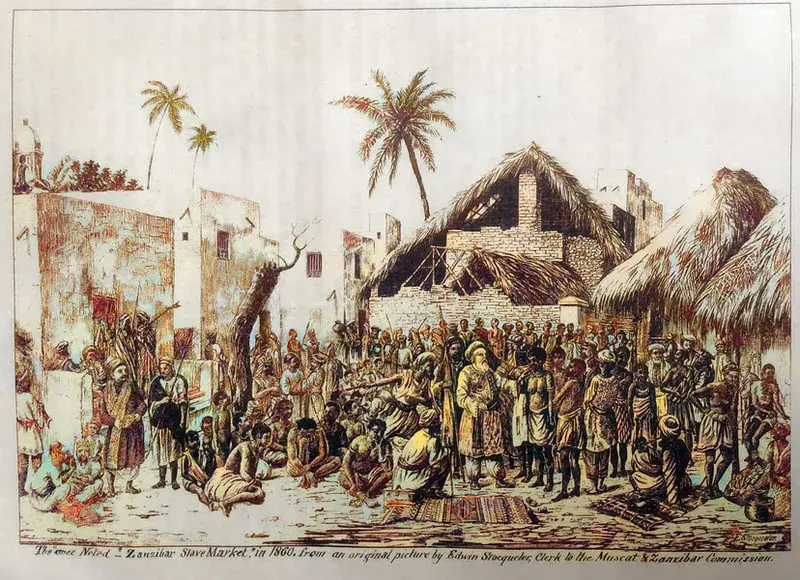 Drawing of a slave market in Zanzibar in 1860, journal Anti-Slavery Reporter Vol. 20, No. 8, p194a, 1877, Artist: Edwin R L Stocqueler