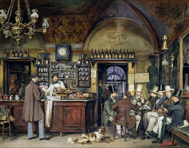 Картина Людвига Пассини «Художники в кафе Greco в Риме», 1856 год