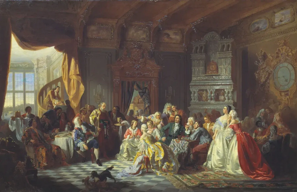 Картина Хлебовского «Ассамблея при Петре I». Видно несколько кофейников