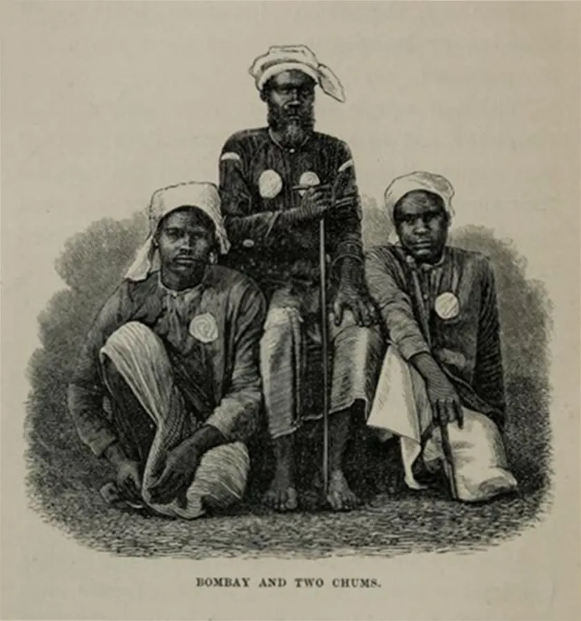 Sidi Mubarak Bombay mit zwei Begleitern. Eine Illustration aus Camerons Buch von 1877