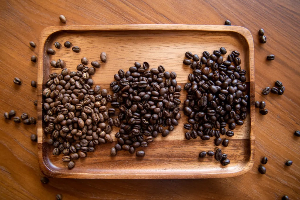 Three degrees of roasting peaberry coffee beans