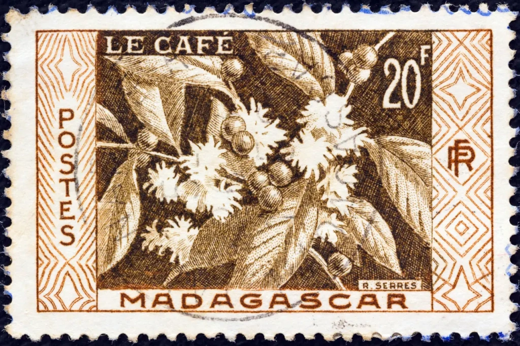 A Madagascar stamp depicting a coffee tree
