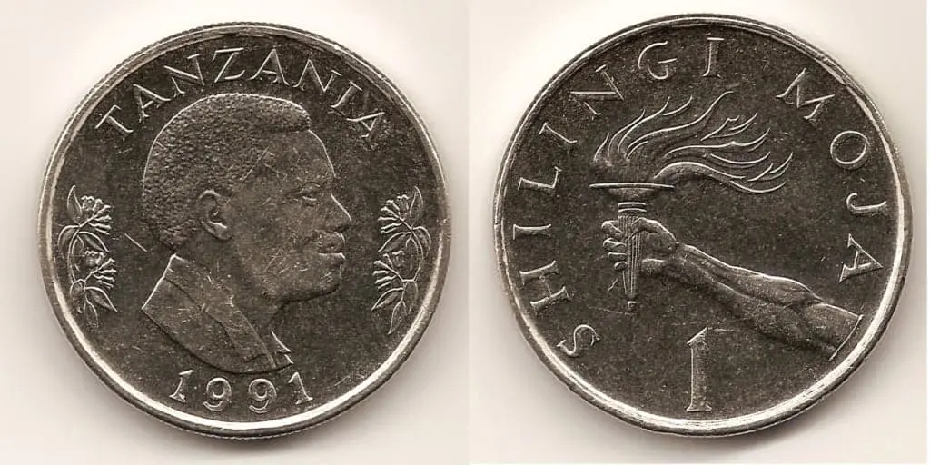 A one Tanzanian shilling coin featuring the Freedom Torch