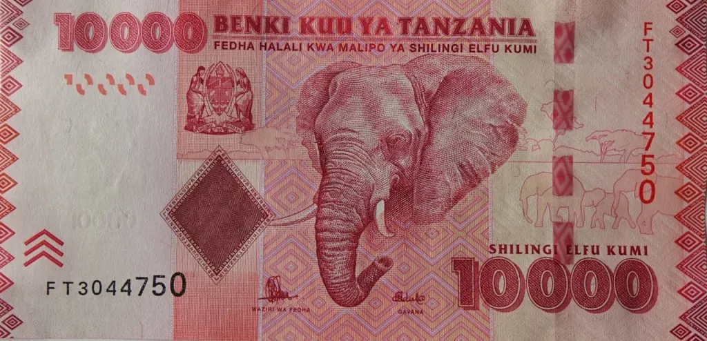 Лицевая сторона купюры в 10 000 шиллингов с изображением слона