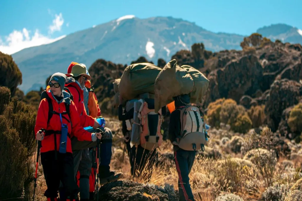 Hikers and porters on Kilimanjaro
