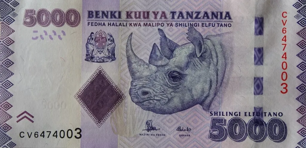 5000 шиллингов с изображением черного носорога