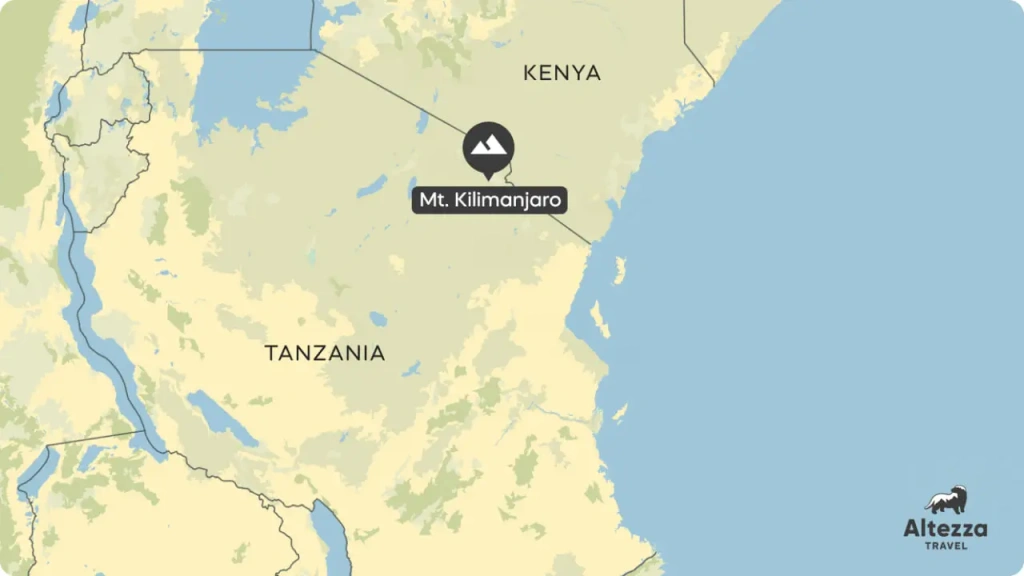 Der Berg Kilimandscharo befindet sich in Tansania, südlich der Grenze zu Kenia