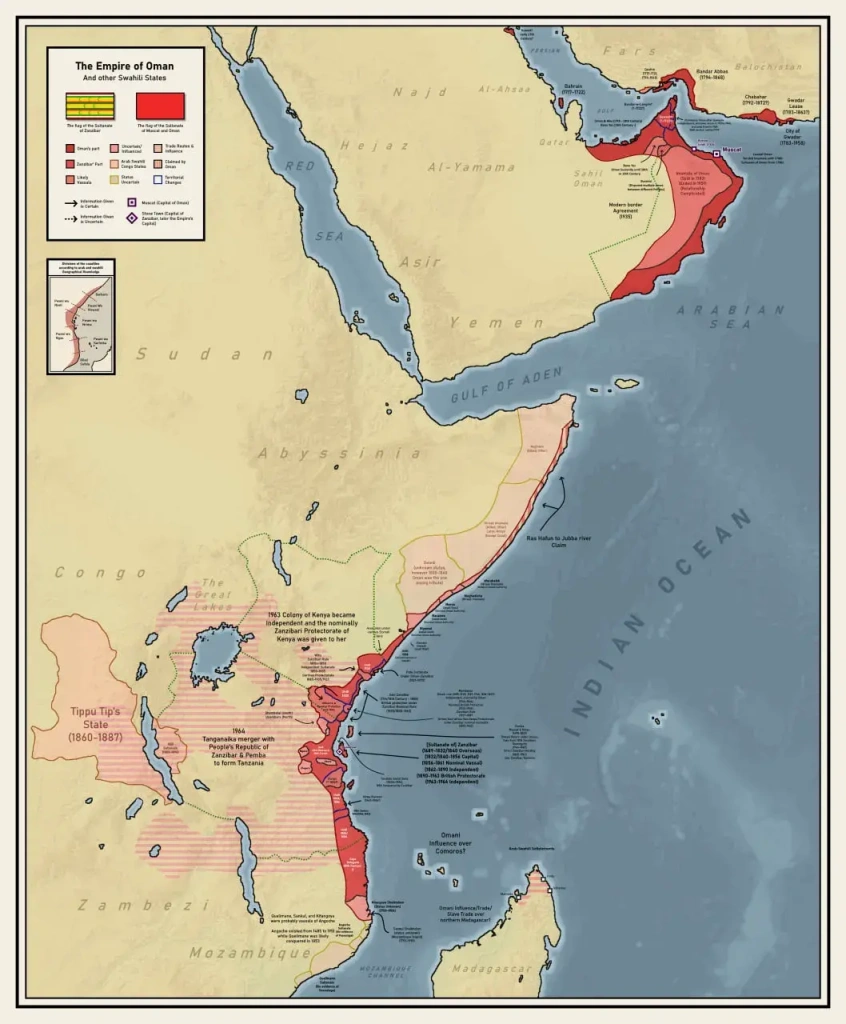 A detailed map of the Omani Empire, showing its territories, influences, claims, and losses by Abdur Rahman Abdul Moneim